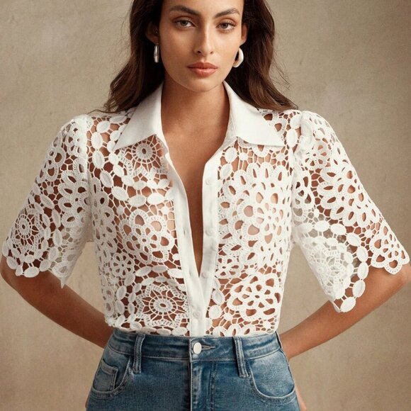 white chic womens Elegant Floral Hollow-Out Lace Blouse - Picture 7 of 8